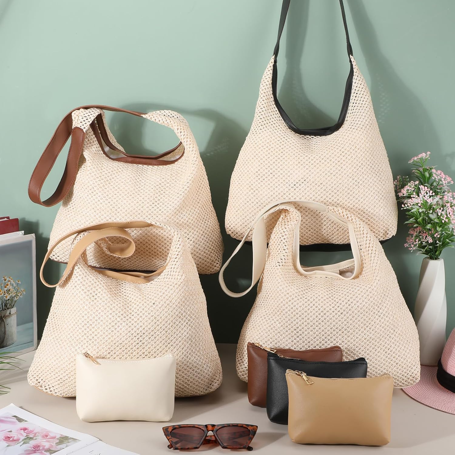 8 Pieces Large Tote Bags Bulk, Straw Tote Bag Summer Woven Beach Tote with Pocket Bag, for Women Shopping Bridesmaid Gift Bags - Image 7