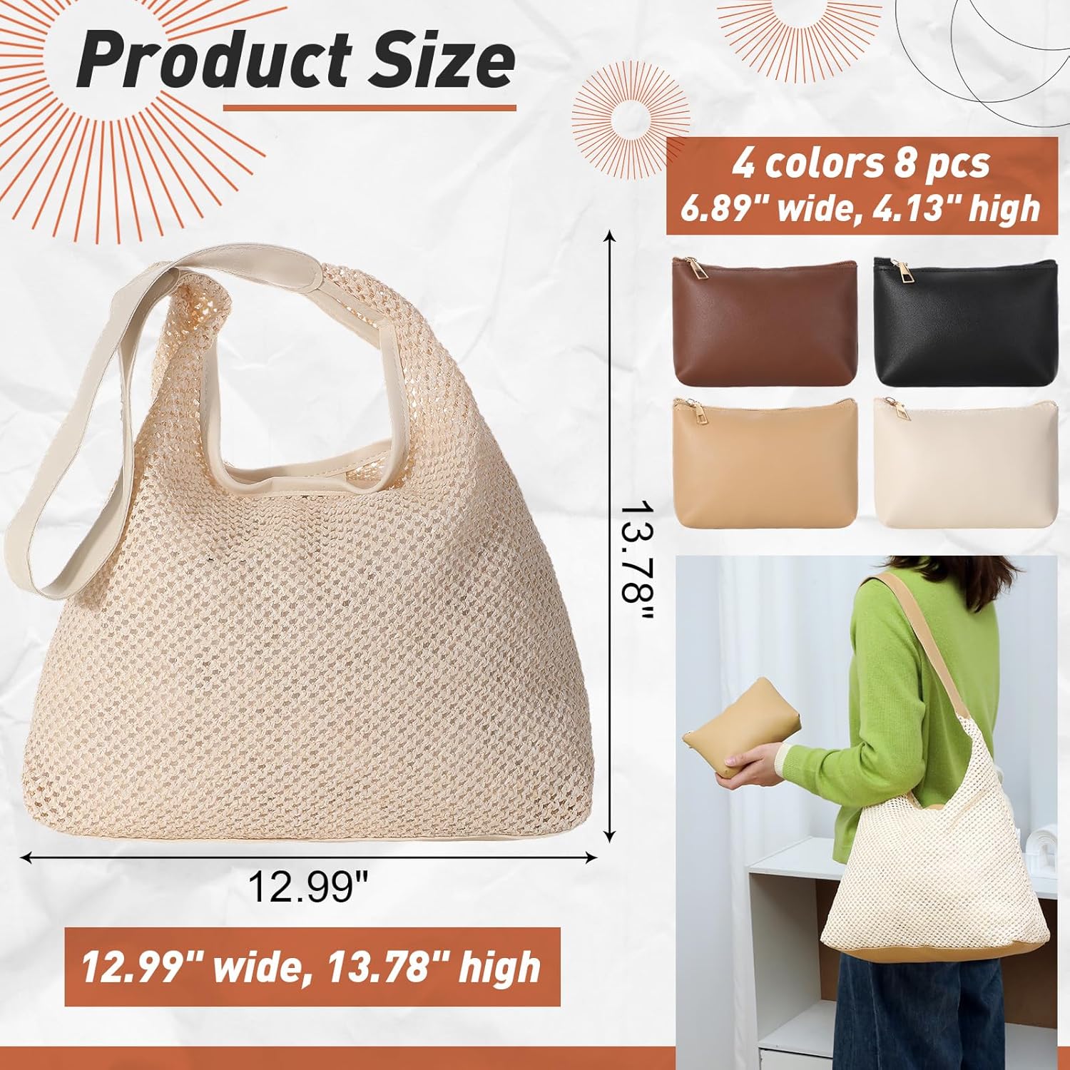 8 Pieces Large Tote Bags Bulk, Straw Tote Bag Summer Woven Beach Tote with Pocket Bag, for Women Shopping Bridesmaid Gift Bags - Image 2