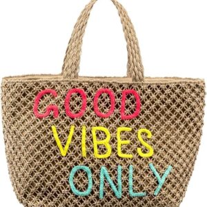 Alex Max Extra Large Woven Straw Beach Tote Bag - Natural Beige Macrame Handbag with "Good Vibes Only" Text - Oversized Summer Beach Tote for Women