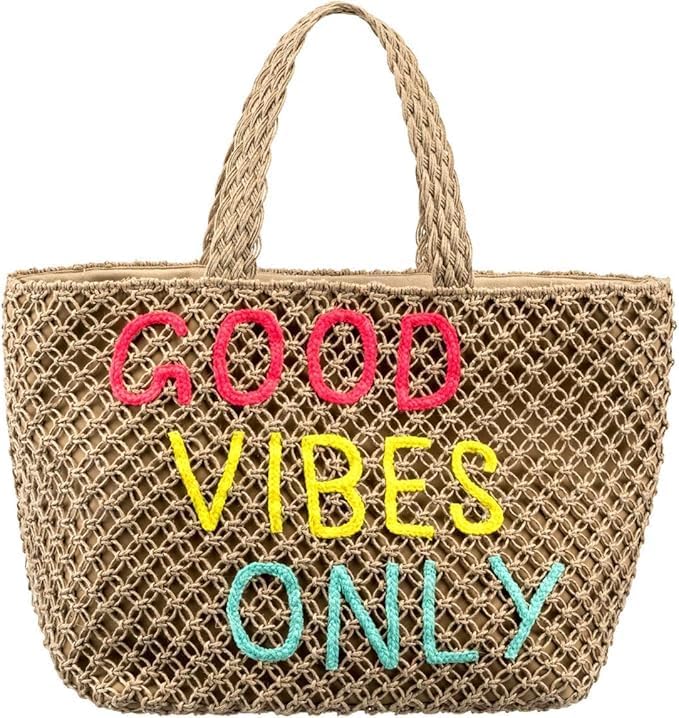 Alex Max Extra Large Woven Straw Beach Tote Bag - Natural Beige Macrame Handbag with "Good Vibes Only" Text - Oversized Summer Beach Tote for Women