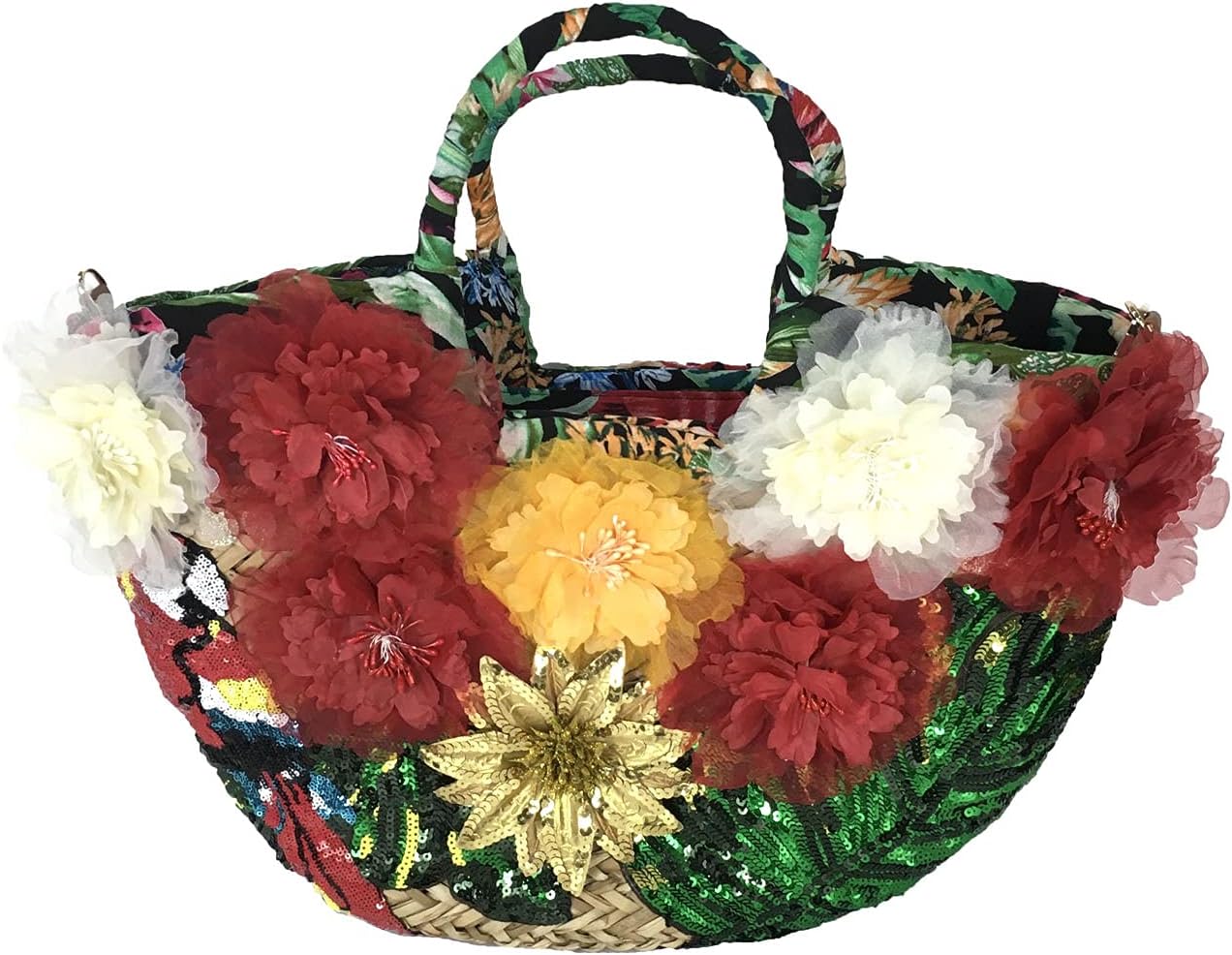 Alex Max Multicolor Parrot & Floral Straw Tote Bag, Handwoven Beach Basket Bag with Zip Top, Adjustable Strap, Lined Interior Pockets