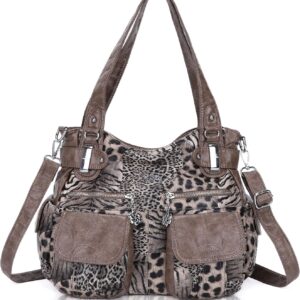 Angelkiss Women's Designer Handbag Large Double Zipper Multi Pocket Washed Leather Purse