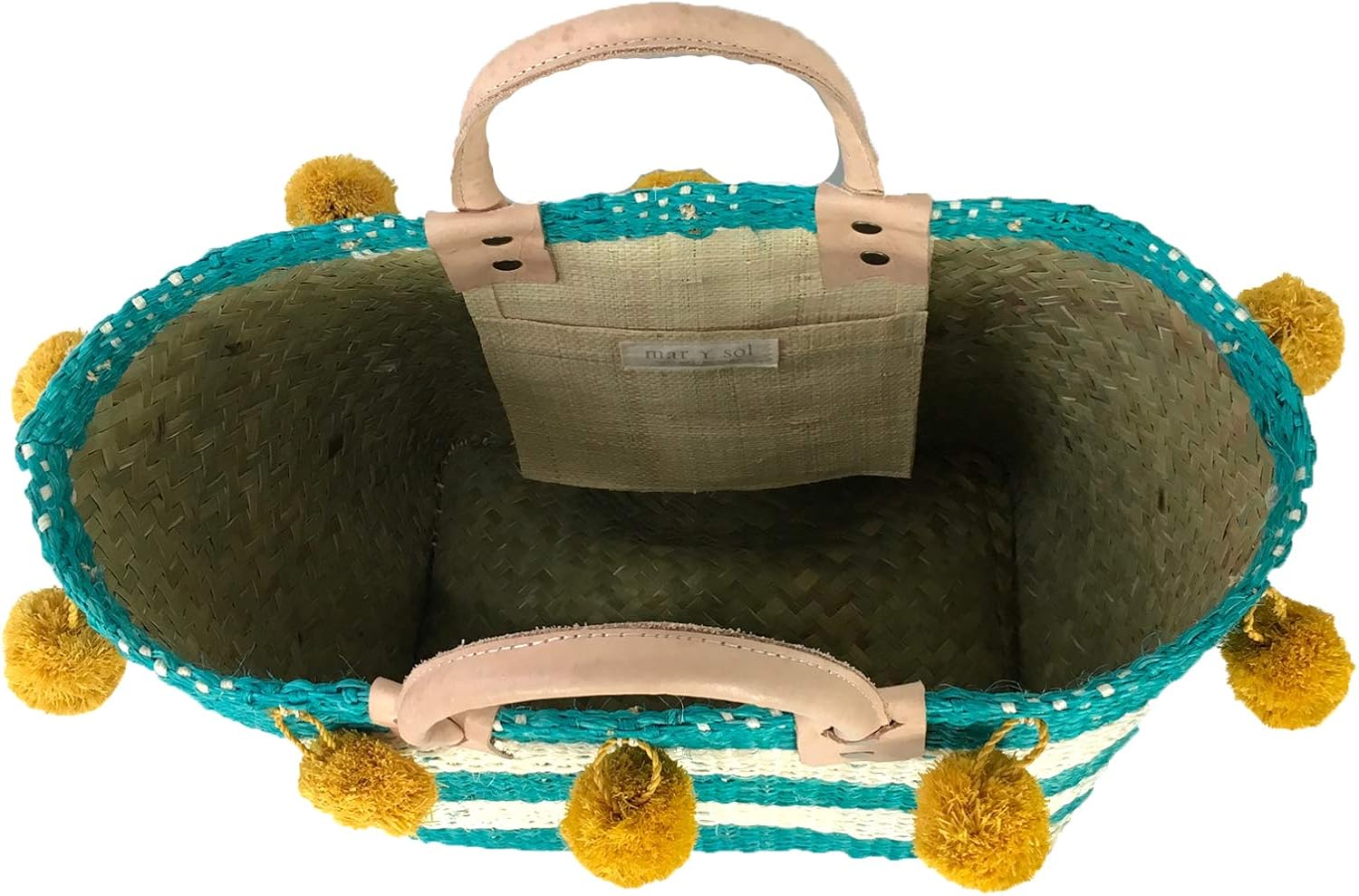 Aqua Multi Gingham Print Basket Tote, Large Handwoven Sisal & Seagrass Beach Bag with Pom Poms, Summer Shoulder Bag - Image 3