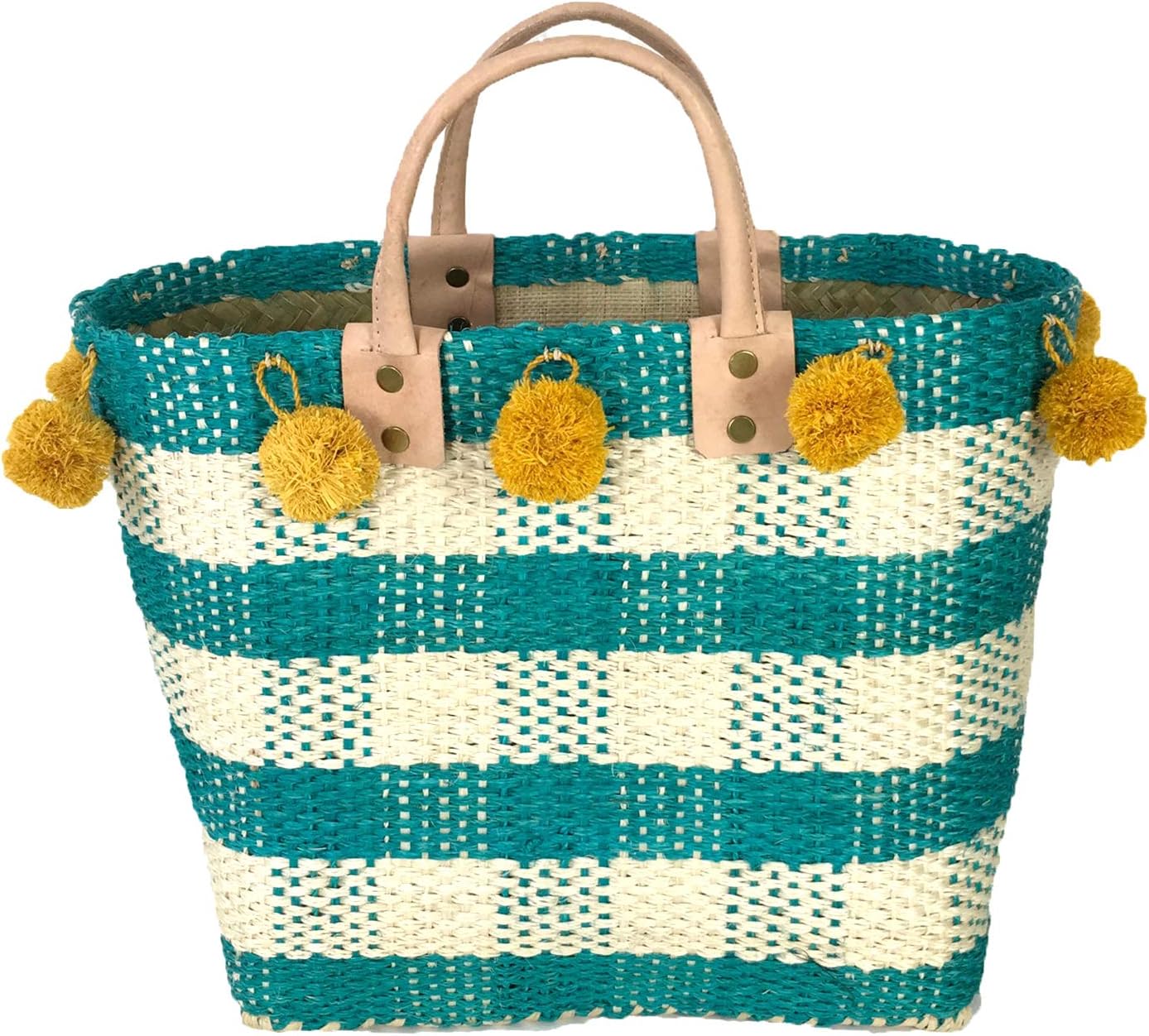 Aqua Multi Gingham Print Basket Tote, Large Handwoven Sisal & Seagrass Beach Bag with Pom Poms, Summer Shoulder Bag