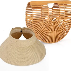 Bamboo Purse Women's Natural Tote Straw Purse Foldable Straw Sun Visor Hats for Women, Beach Bamboo Bag Summer Outdoor
