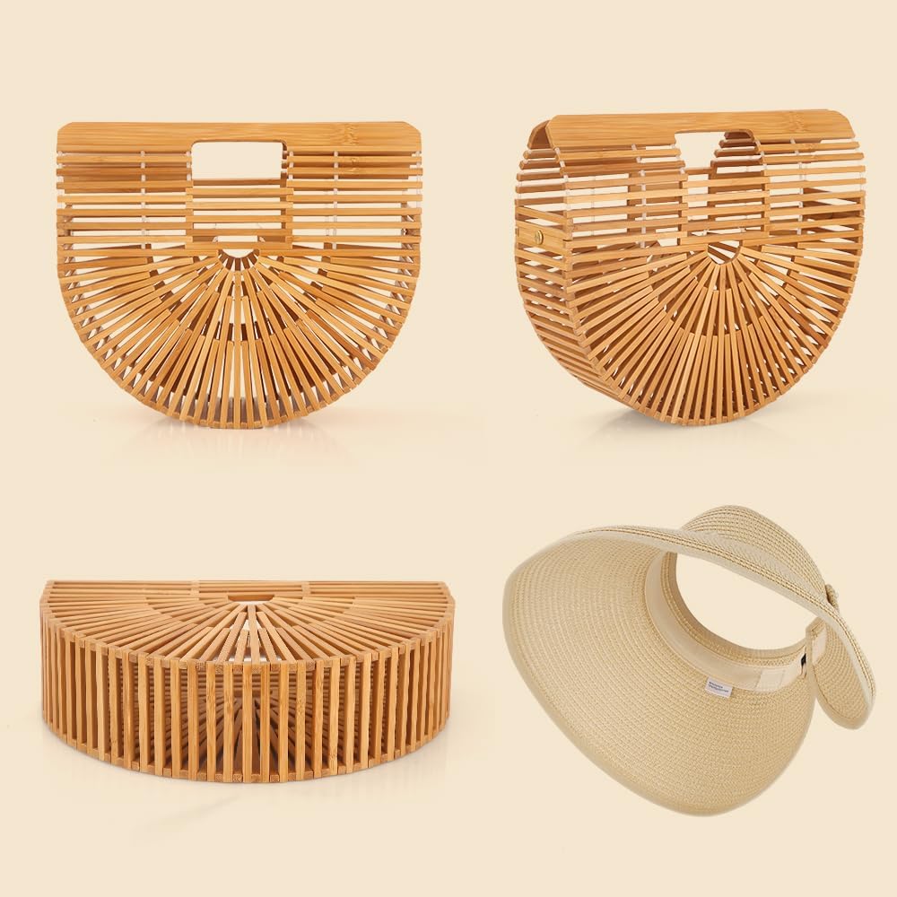 Bamboo Purse Women's Natural Tote Straw Purse Foldable Straw Sun Visor Hats for Women, Beach Bamboo Bag Summer Outdoor - Image 3