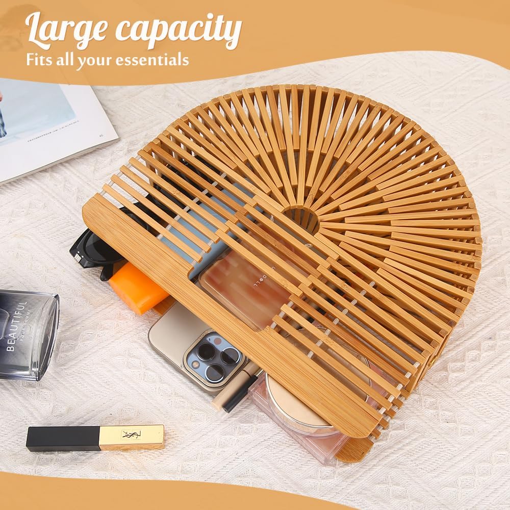 Bamboo Purse Women's Natural Tote Straw Purse Foldable Straw Sun Visor Hats for Women, Beach Bamboo Bag Summer Outdoor - Image 6