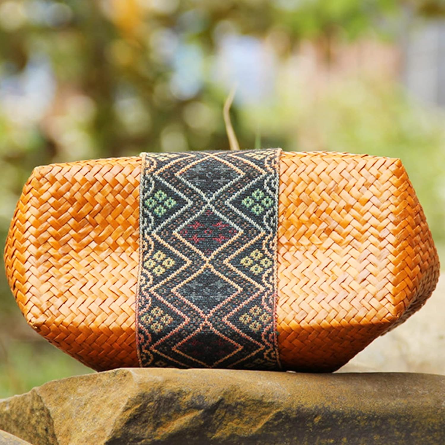 Beach Bag for Women, Handmade Rattan Tote Bag, Leather Handle, Boho Retro pattern Straw Woven Handbag, Large Summer Beach Vacation Bag (Khaki) - Image 5