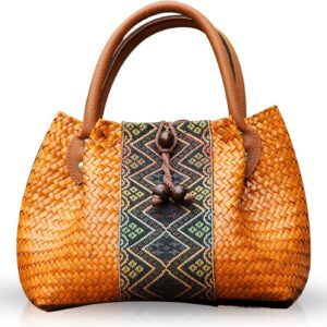 Beach Bag for Women, Handmade Rattan Tote Bag, Leather Handle, Boho Retro pattern Straw Woven Handbag, Large Summer Beach Vacation Bag (Khaki)
