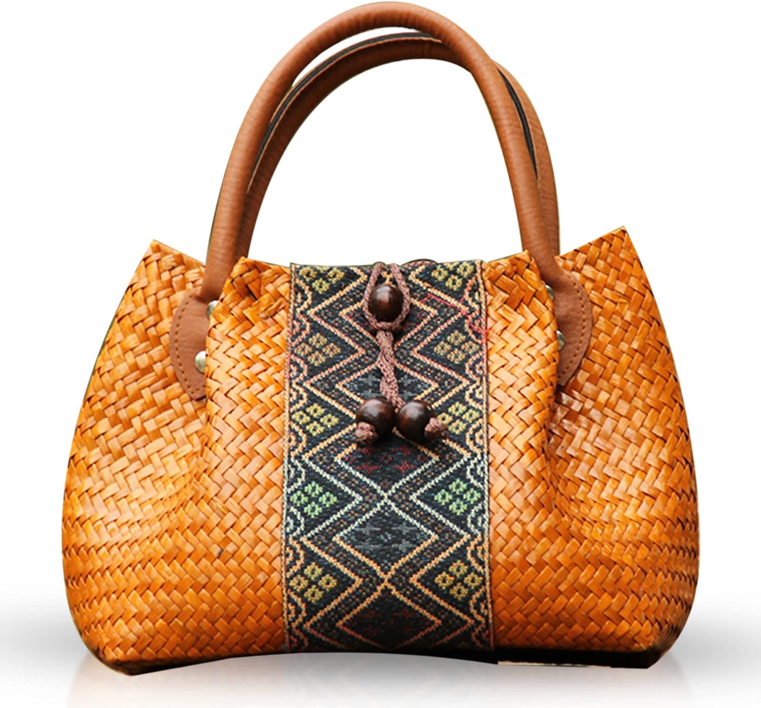 Beach Bag for Women, Handmade Rattan Tote Bag, Leather Handle, Boho Retro pattern Straw Woven Handbag, Large Summer Beach Vacation Bag (Khaki)
