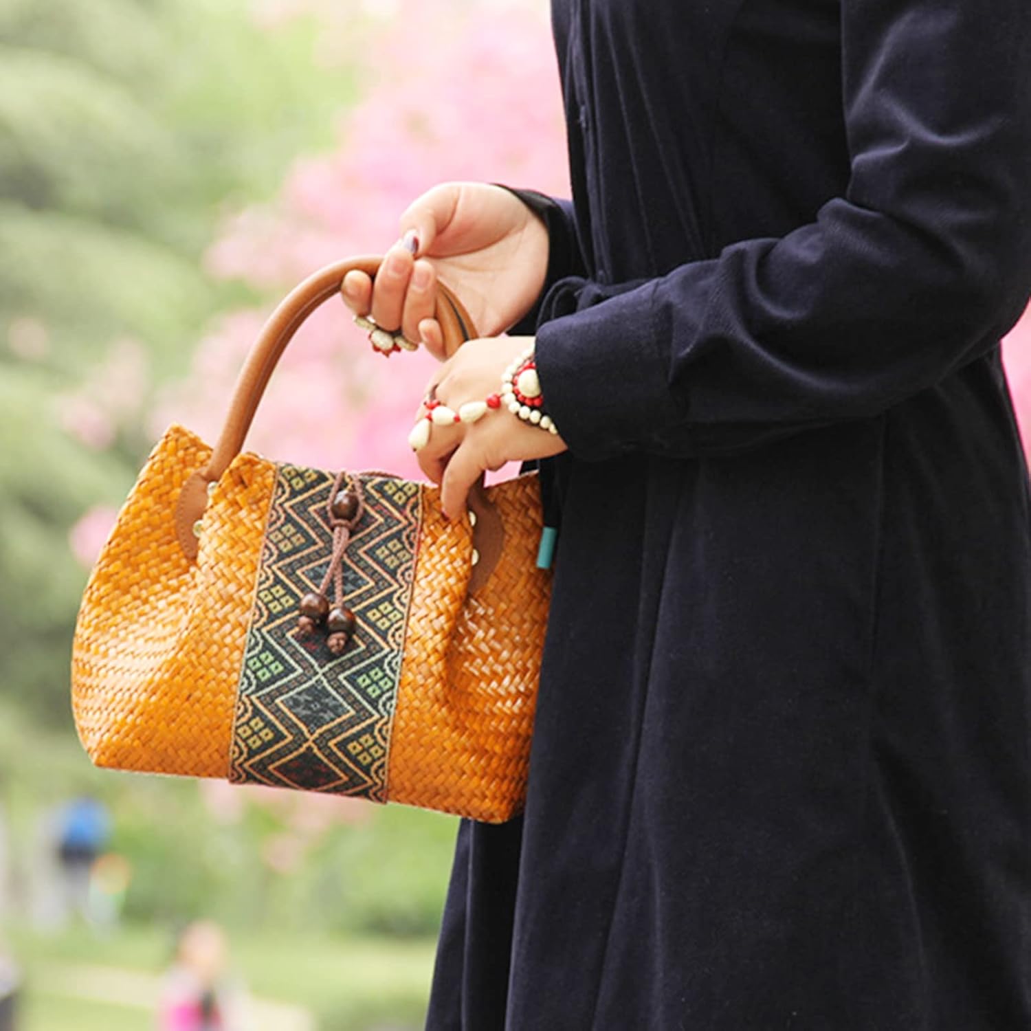 Beach Bag for Women, Handmade Rattan Tote Bag, Leather Handle, Boho Retro pattern Straw Woven Handbag, Large Summer Beach Vacation Bag (Khaki) - Image 4