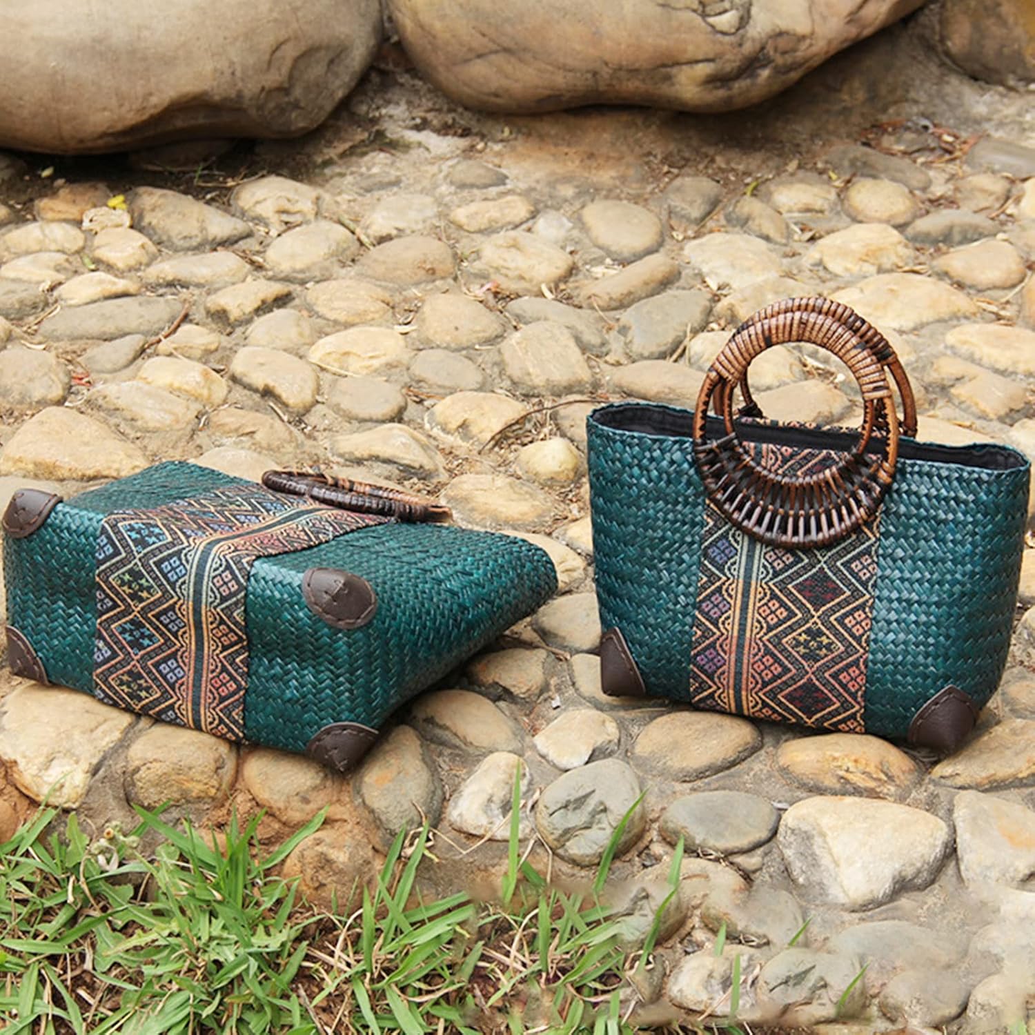 Beach Bag for Women, Handmade Rattan Tote Bag, Round Bamboo Handle, Boho Retro pattern Straw Woven Handbag, Large Summer Beach Vacation Bag (Blue) - Image 7