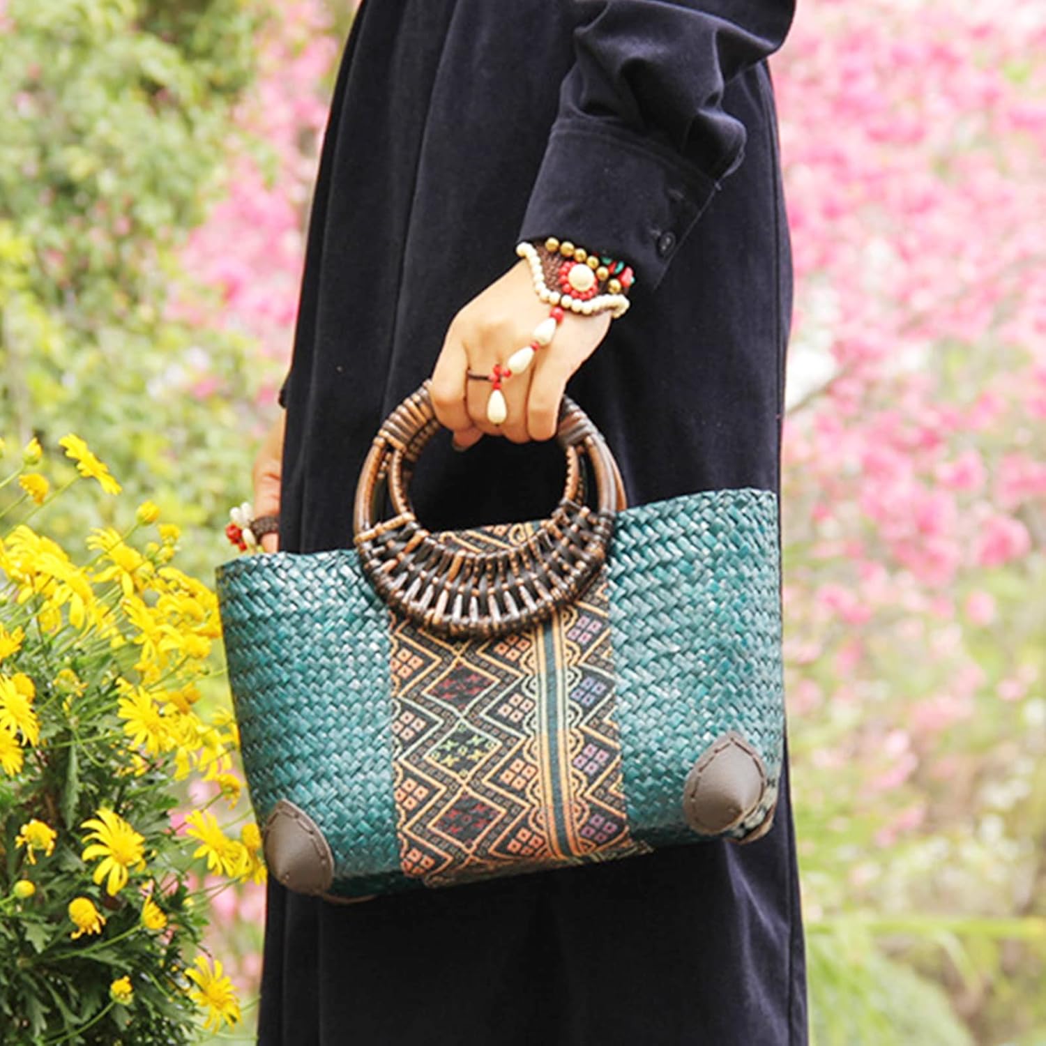 Beach Bag for Women, Handmade Rattan Tote Bag, Round Bamboo Handle, Boho Retro pattern Straw Woven Handbag, Large Summer Beach Vacation Bag (Blue) - Image 5