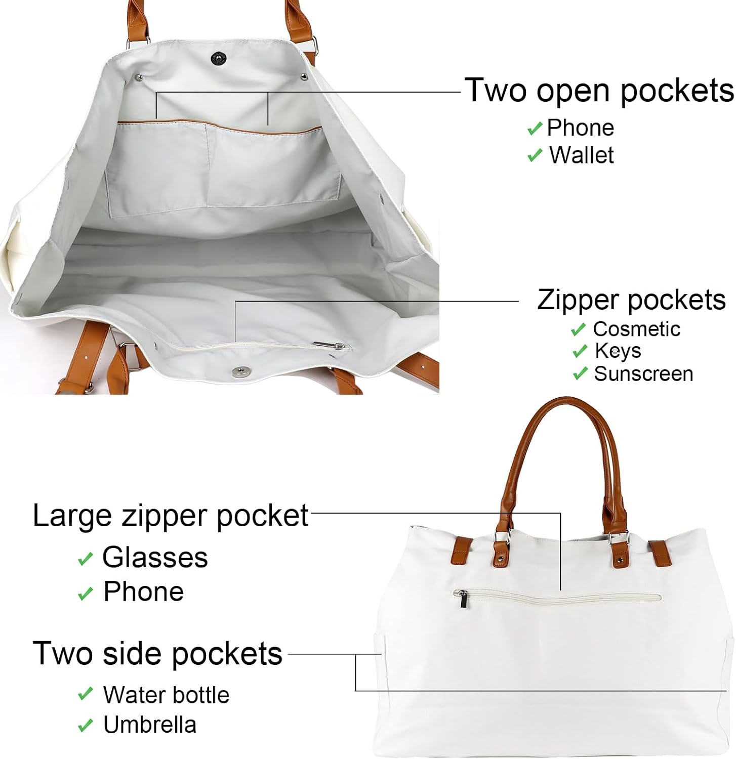 Beach Bag with Vegan Leather Handle, Extra Large Beach Bag for Women Waterproof Sandproof, White - Image 4