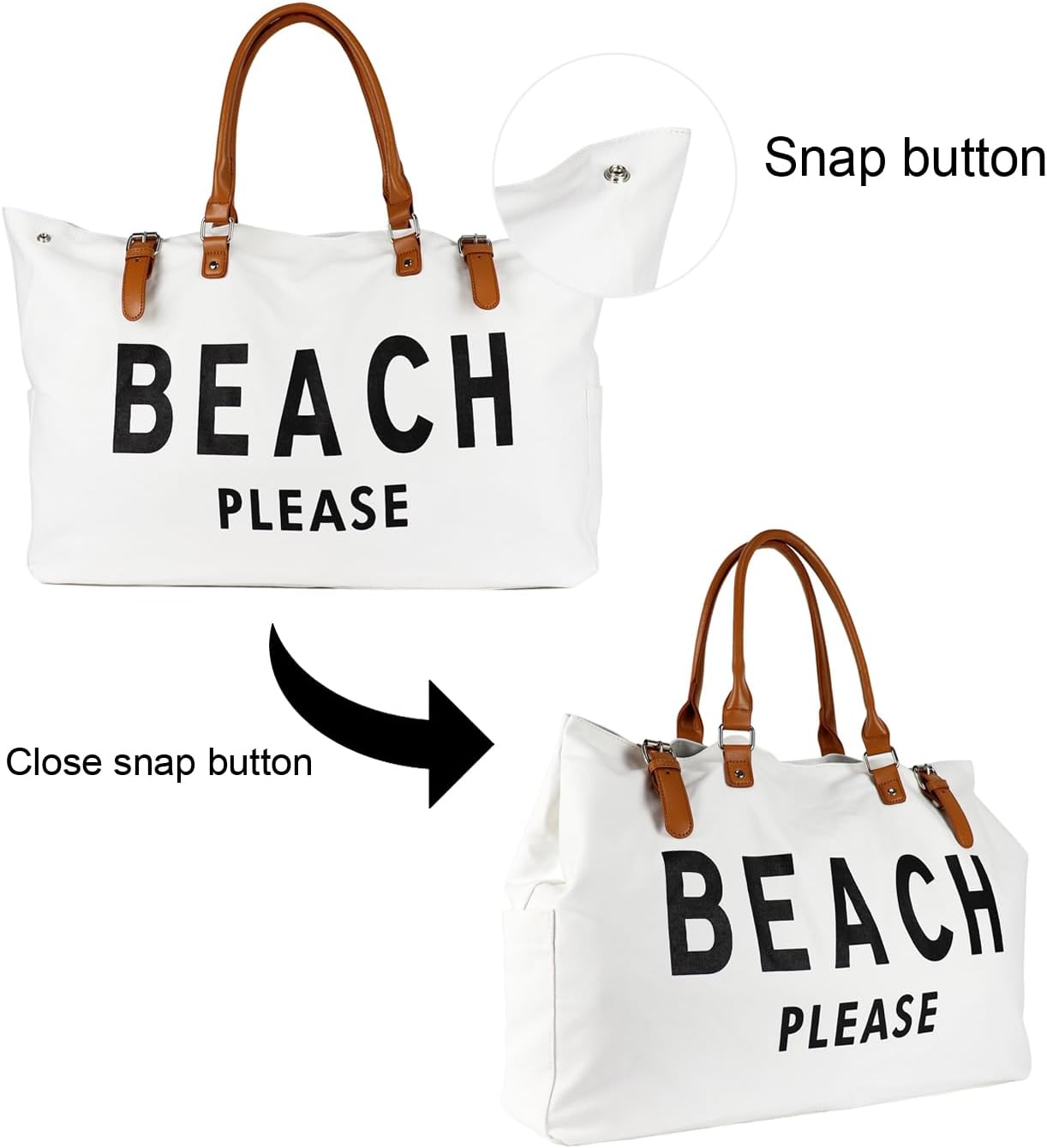 Beach Bag with Vegan Leather Handle, Extra Large Beach Bag for Women Waterproof Sandproof, White - Image 2