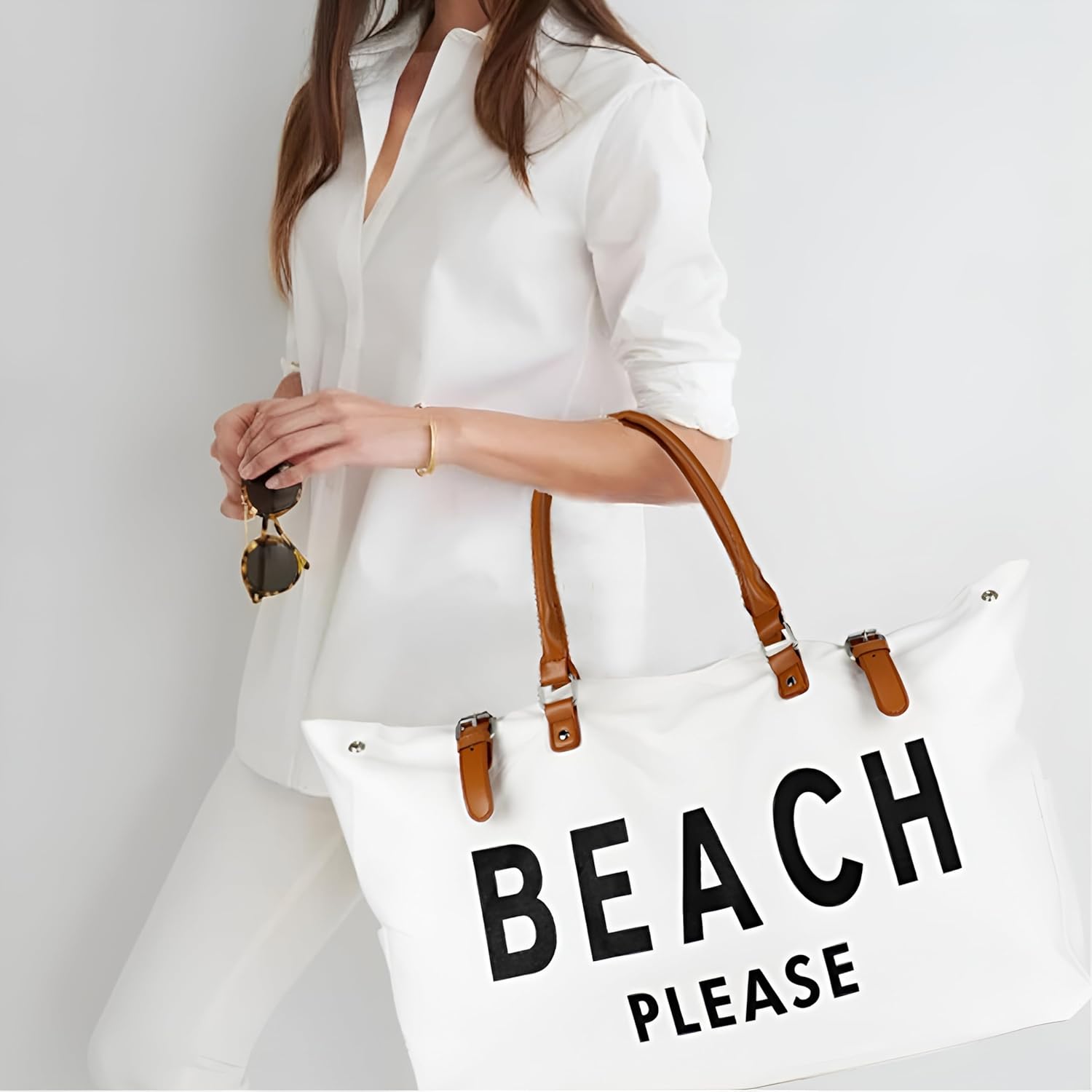 Beach Bag with Vegan Leather Handle, Extra Large Beach Bag for Women Waterproof Sandproof, White - Image 6