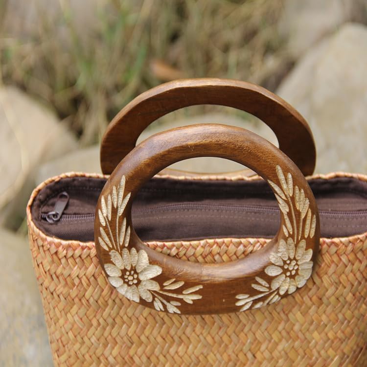 Beach Straw Bag for Women - Handmade Rattan Summer Tote With Flowers Engraving Wooden Handle, Boho Retro Woven Handbag for Vacation Travel Daily - Image 3