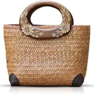 Beach Straw Bag for Women - Handmade Rattan Summer Tote With Flowers Engraving Wooden Handle, Boho Retro Woven Handbag for Vacation Travel Daily