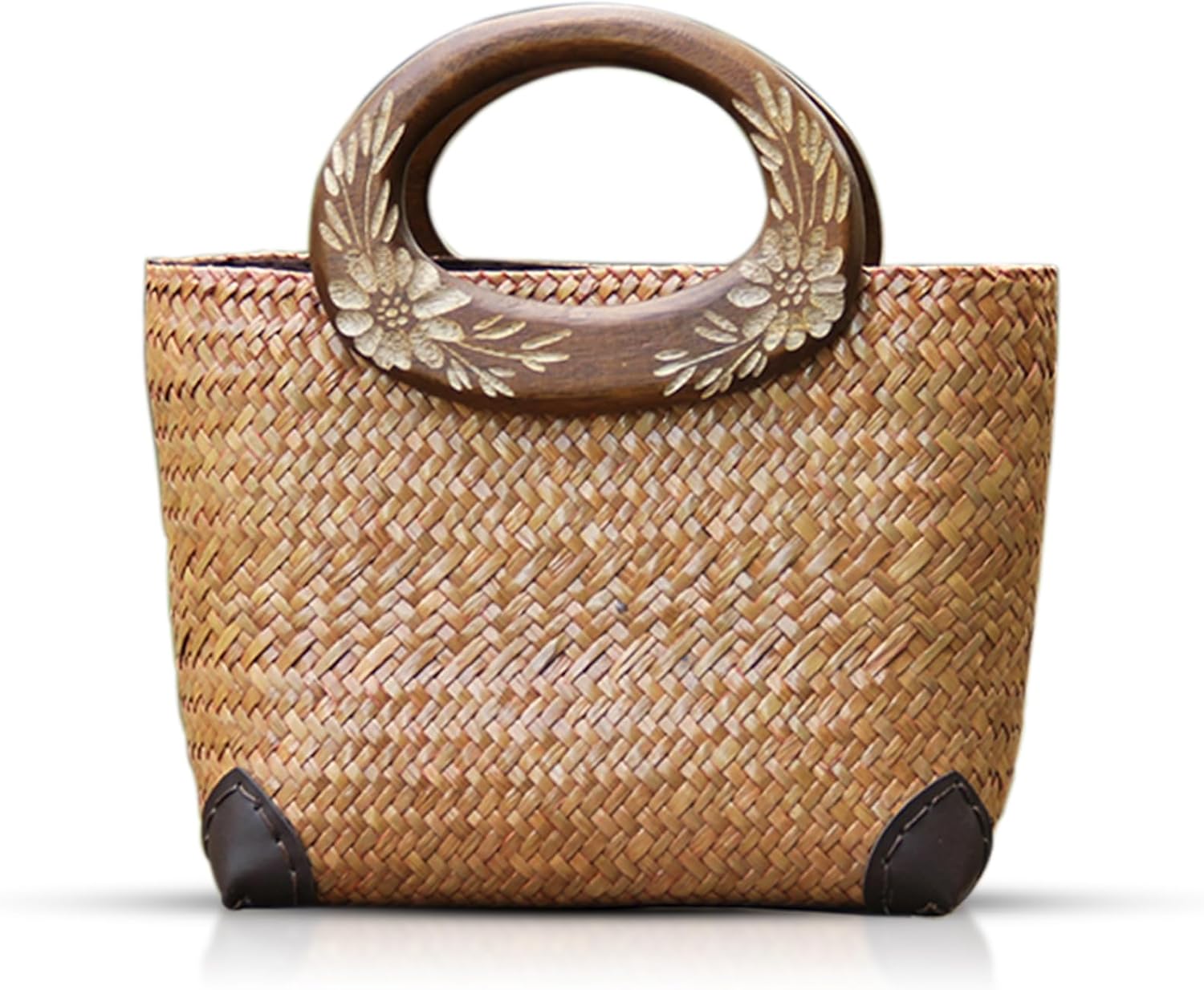 Beach Straw Bag for Women - Handmade Rattan Summer Tote With Flowers Engraving Wooden Handle, Boho Retro Woven Handbag for Vacation Travel Daily