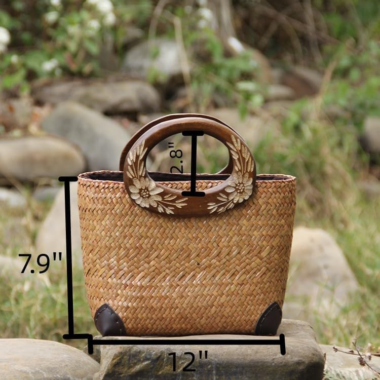 Beach Straw Bag for Women - Handmade Rattan Summer Tote With Flowers Engraving Wooden Handle, Boho Retro Woven Handbag for Vacation Travel Daily - Image 2