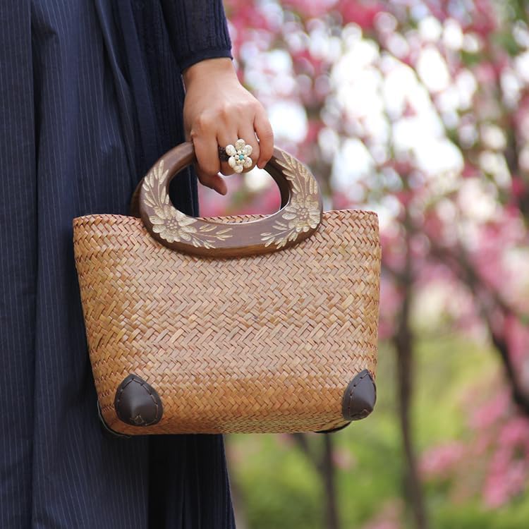 Beach Straw Bag for Women - Handmade Rattan Summer Tote With Flowers Engraving Wooden Handle, Boho Retro Woven Handbag for Vacation Travel Daily - Image 5