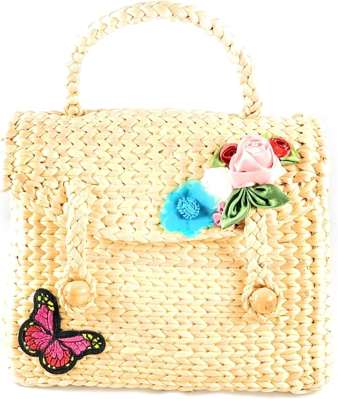 Bid Boutique Handmade Straw Bag for Women, Cute Bohemian Summer Beach Pure and Travel Tote-Butterfly