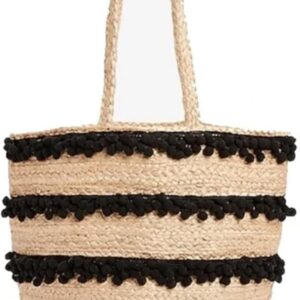 Boho Chic Woven Straw Tote Bag with Black Pom Pom Trim - Large Natural Jute Beach Bag for Summer