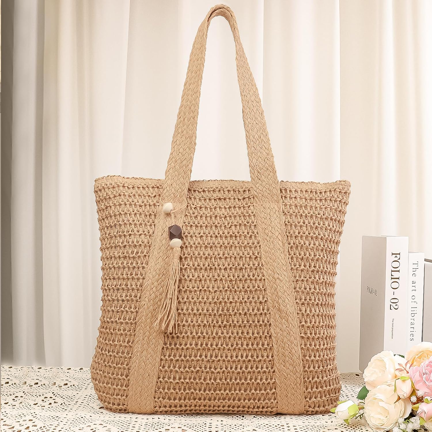 COAIMANEY Womens Large Capacity Straw woven Tote with Hat, Summer Beach Shoulder Bag for Shopping Camping - Image 8