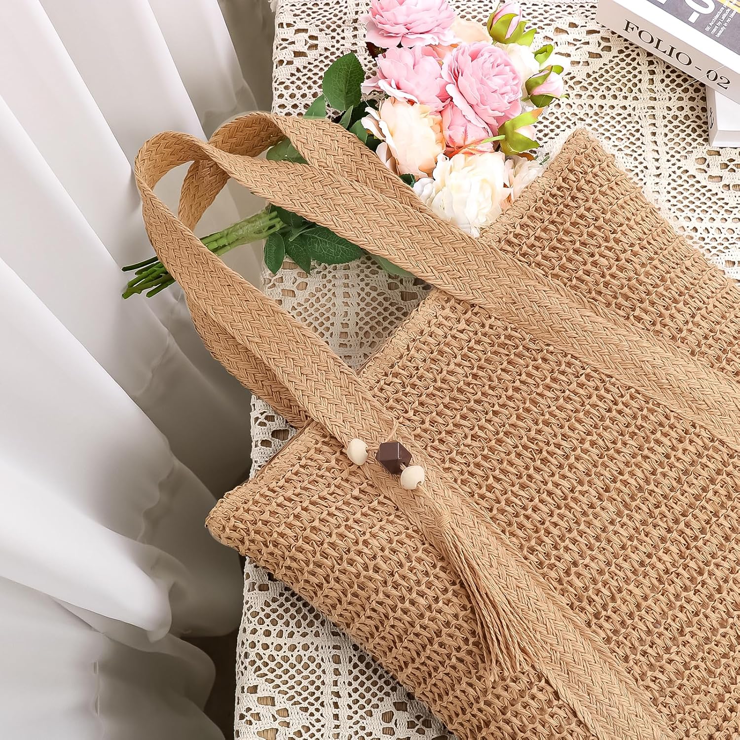 COAIMANEY Womens Large Capacity Straw woven Tote with Hat, Summer Beach Shoulder Bag for Shopping Camping - Image 6