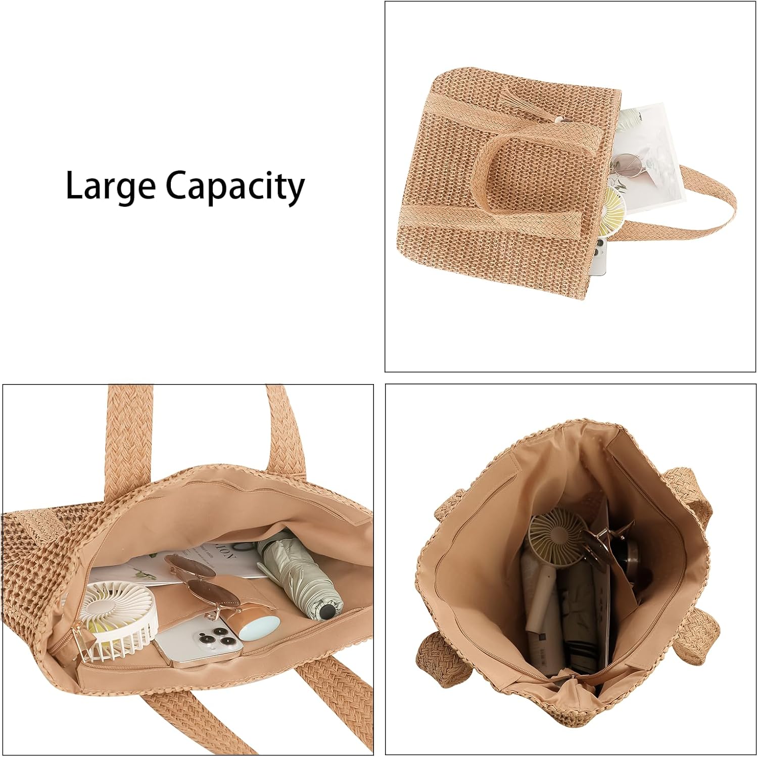 COAIMANEY Womens Large Capacity Straw woven Tote with Hat, Summer Beach Shoulder Bag for Shopping Camping - Image 3