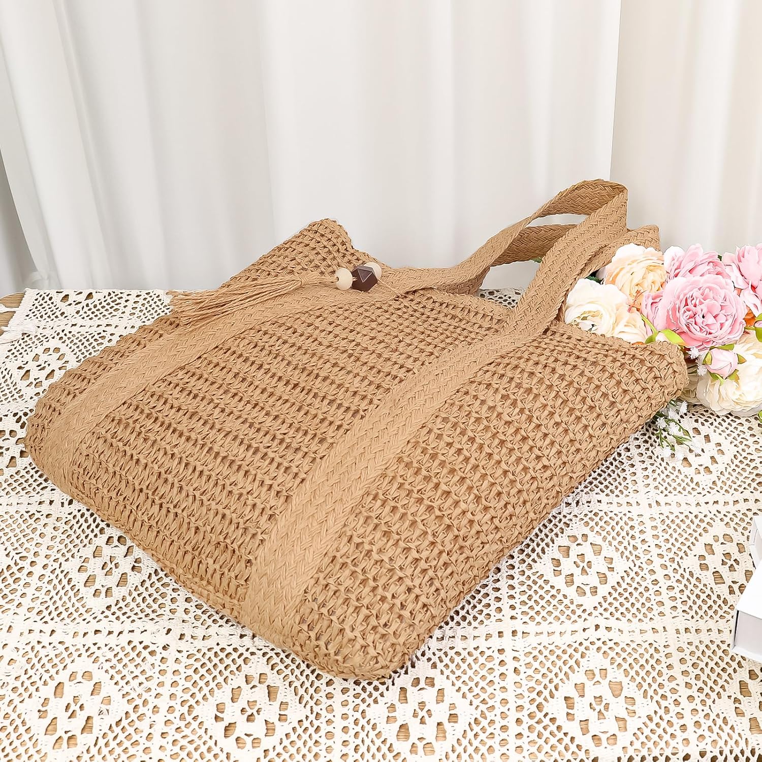 COAIMANEY Womens Large Capacity Straw woven Tote with Hat, Summer Beach Shoulder Bag for Shopping Camping - Image 7