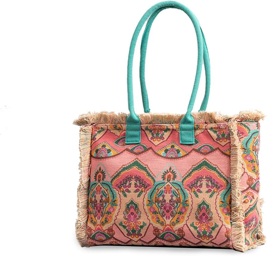CORIOS Women Canvas Handbag Ethnic Style Tote Bag Retro Shoulder Bag with Tassels Summer Beach Bag Bohemian Top Handle Bag - Image 12