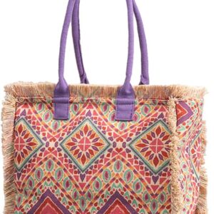 CORIOS Women Canvas Handbag Ethnic Style Tote Bag Retro Shoulder Bag with Tassels Summer Beach Bag Bohemian Top Handle Bag