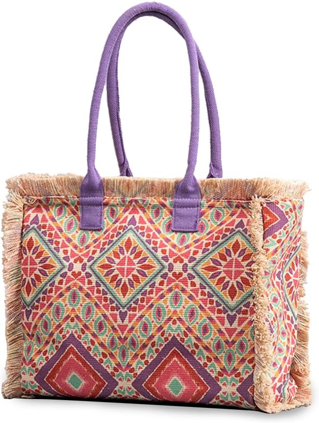 CORIOS Women Canvas Handbag Ethnic Style Tote Bag Retro Shoulder Bag with Tassels Summer Beach Bag Bohemian Top Handle Bag - Image 11