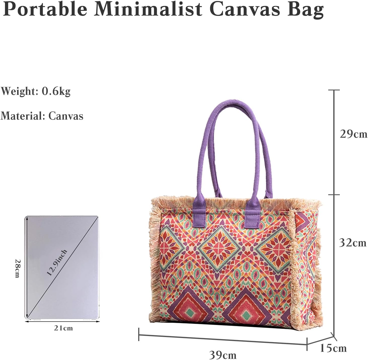 CORIOS Women Canvas Handbag Ethnic Style Tote Bag Retro Shoulder Bag with Tassels Summer Beach Bag Bohemian Top Handle Bag - Image 3