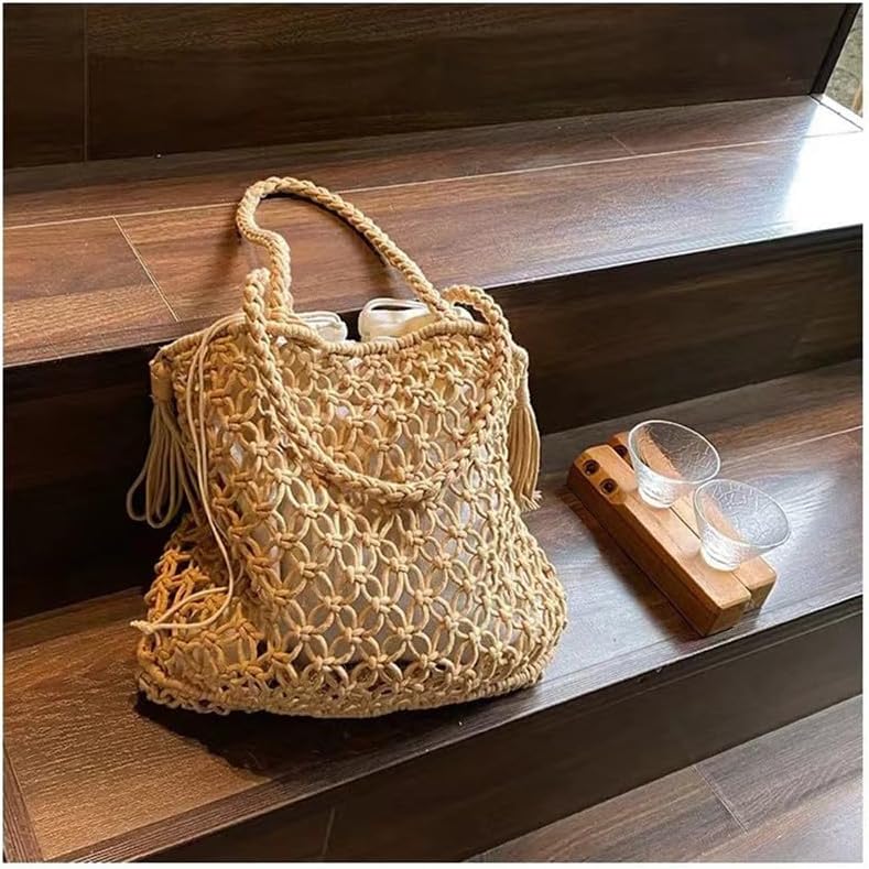 Cotton Handmade Shoulder Bag Tote Handbag Summer Beach Purse for Holiday Vacation Casual Hobo Brown(With Lining) - Image 5