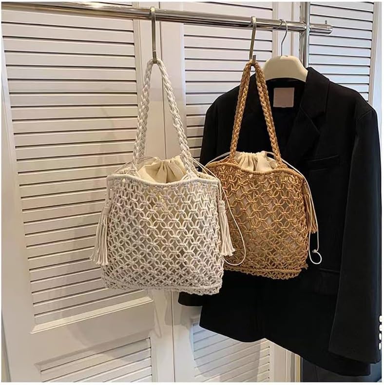 Cotton Handmade Shoulder Bag Tote Handbag Summer Beach Purse for Holiday Vacation Casual Hobo Brown(With Lining) - Image 9