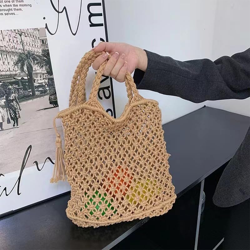 Cotton Handmade Shoulder Bag Tote Handbag Summer Beach Purse for Holiday Vacation Casual Hobo Brown(With Lining) - Image 4