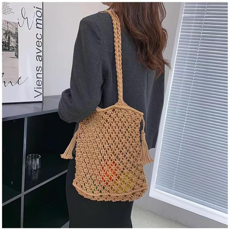 Cotton Handmade Shoulder Bag Tote Handbag Summer Beach Purse for Holiday Vacation Casual Hobo Brown(With Lining) - Image 3