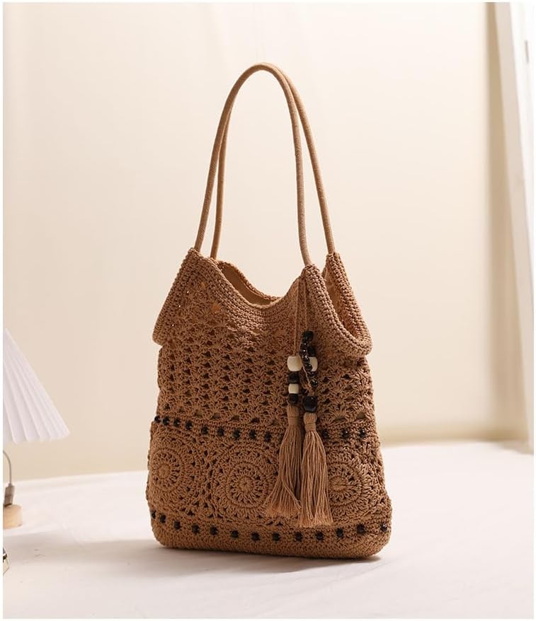 Crochet Beach Bag with Tassel, Cotton Woven Shoulder Bag, Beaded Bohemian Summer Tote - Image 2