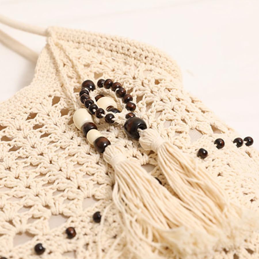 Crochet Beach Bag with Tassel, Cotton Woven Shoulder Bag, Beaded Bohemian Summer Tote - Image 8
