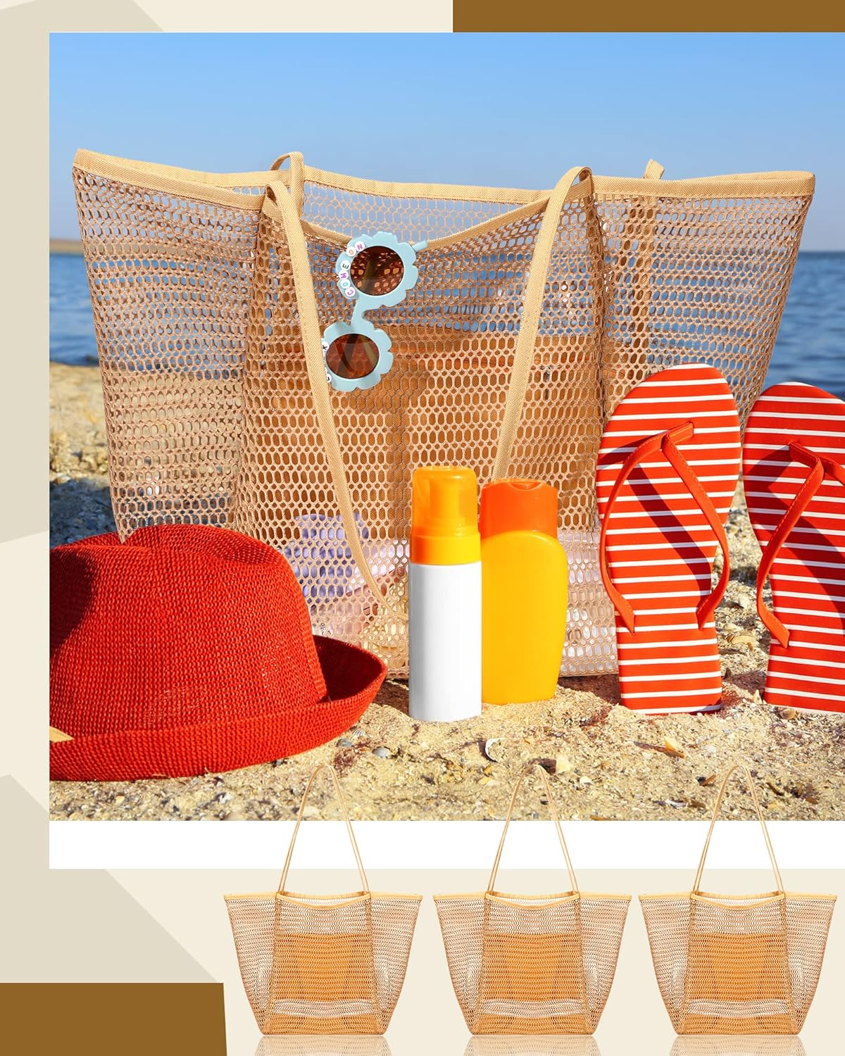 Cunno 6 Pieces Mesh Beach Tote Bag for Women Summer Waterproof Sandproof Shoulder Bag for Travel Vacation Shopping Picnic - Image 7