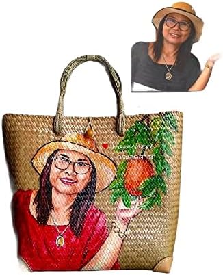 Custom, Made To your Own Order Portrait Painting Woven Straw Bags Summer Beach Tote Bag for Women 100% Handmade (A16) - Image 7