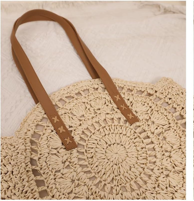 DAVBIR Bags Women Handmade Woven Basket Tote Summer Boho Beach Holiday Travel Female Shoulder Handbags,Round Hand Hollowed Straw Woven Bag - Image 3