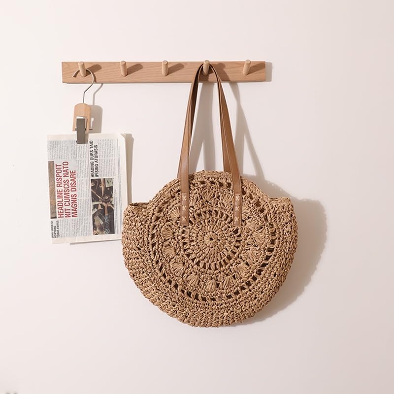DAVBIR Bags Women Handmade Woven Basket Tote Summer Boho Beach Holiday Travel Female Shoulder Handbags,Round Hand Hollowed Straw Woven Bag - Image 4