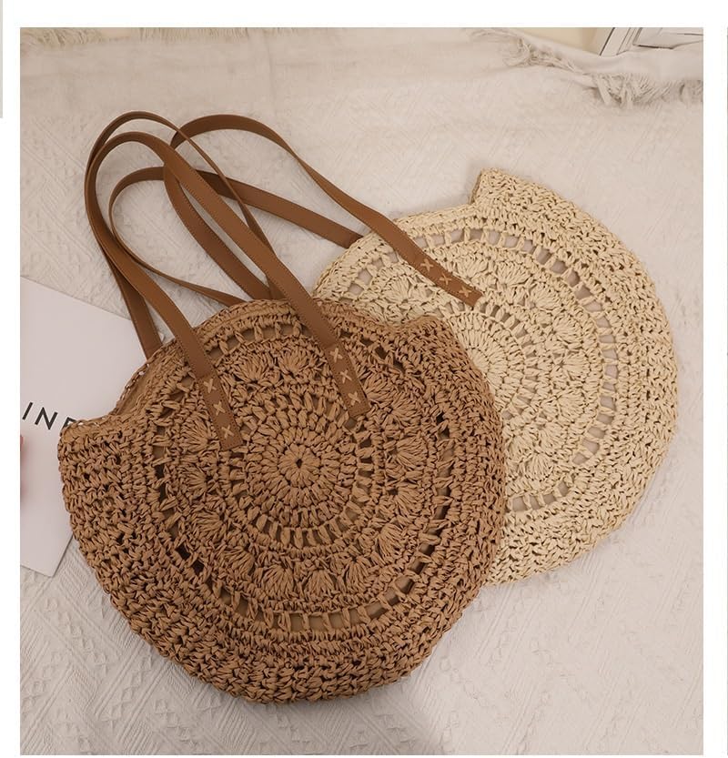 DAVBIR Bags Women Handmade Woven Basket Tote Summer Boho Beach Holiday Travel Female Shoulder Handbags,Round Hand Hollowed Straw Woven Bag - Image 5