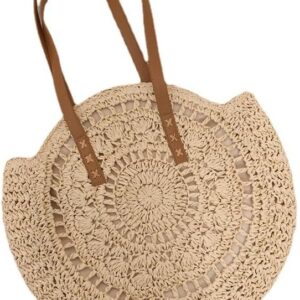 DAVBIR Bags Women Handmade Woven Basket Tote Summer Boho Beach Holiday Travel Female Shoulder Handbags,Round Hand Hollowed Straw Woven Bag