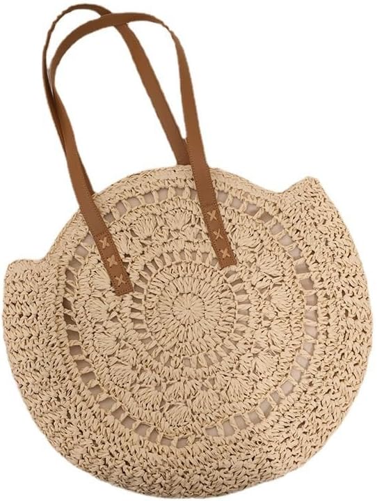 DAVBIR Bags Women Handmade Woven Basket Tote Summer Boho Beach Holiday Travel Female Shoulder Handbags,Round Hand Hollowed Straw Woven Bag