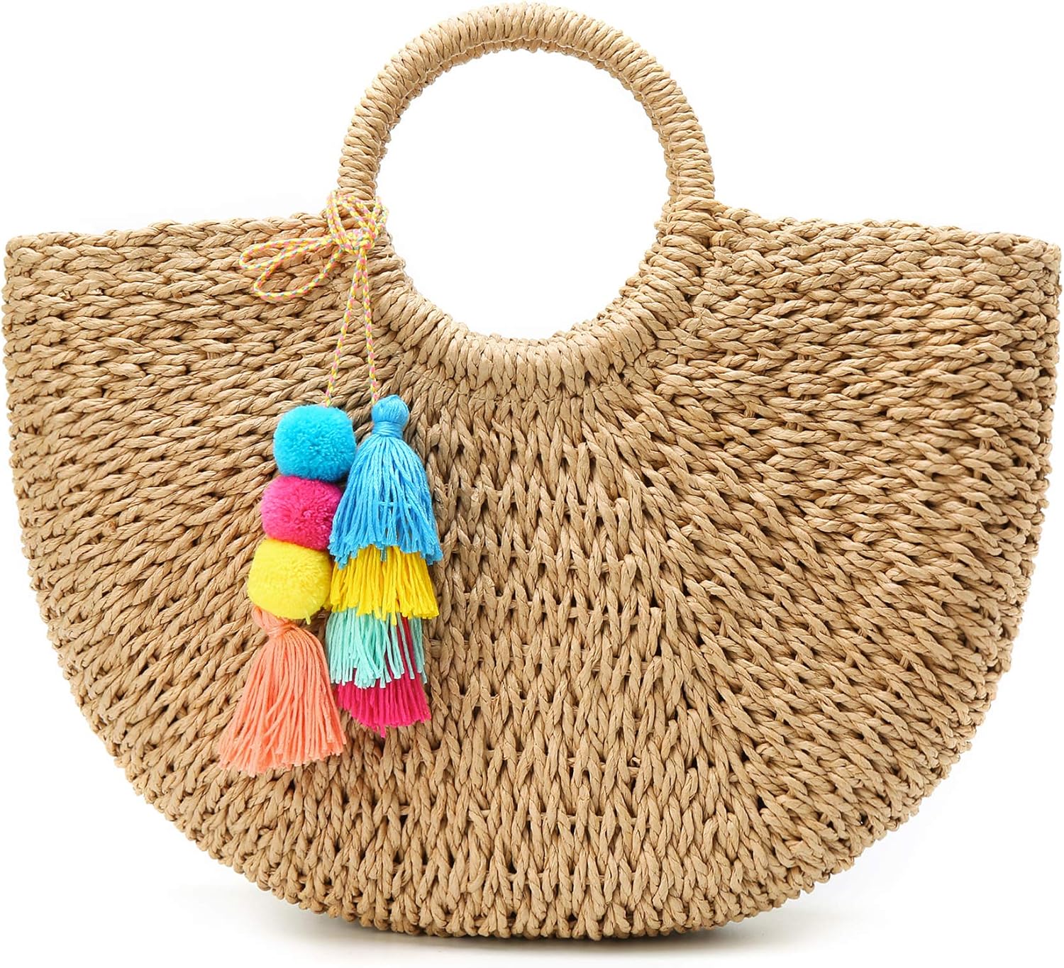 Epsion Womens Large Straw Beach Tote Bag Hobo Summer Handwoven Bags Purse wth Pom Poms