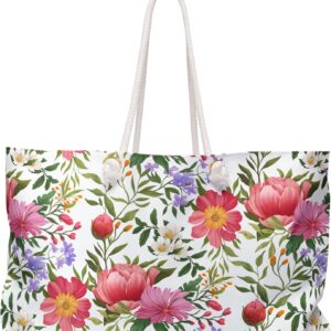 Floral Summer Beach Bag for Women Vacation Travel Tote Bag Reusable Bag for Pool Picnic Shopping Bag